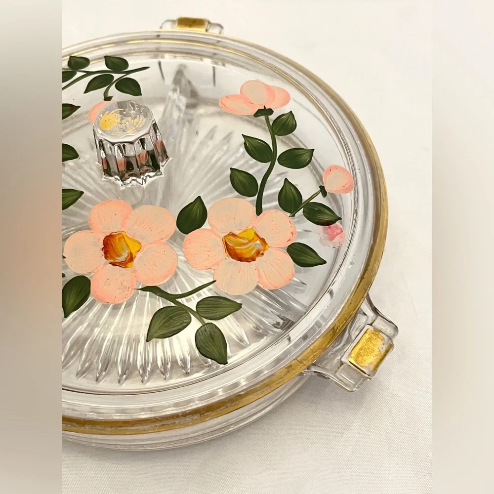 Duncan Miller Glass Hand Painted Lidded Vanity Dish, Pre-1950 Vintage EUC